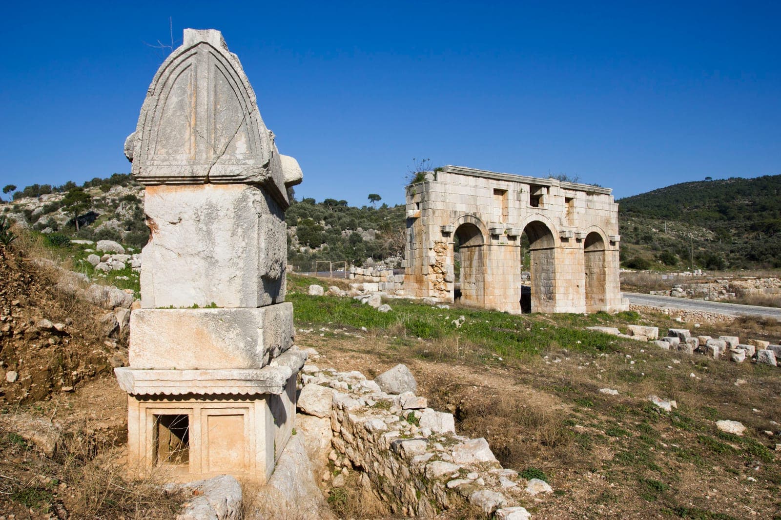 The ancient theatre and assembly hall at Patara with Mediterranean coastline