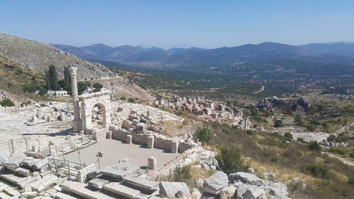The reconstructed Antonine Nymphaeum at Sagalassos with mountains behind