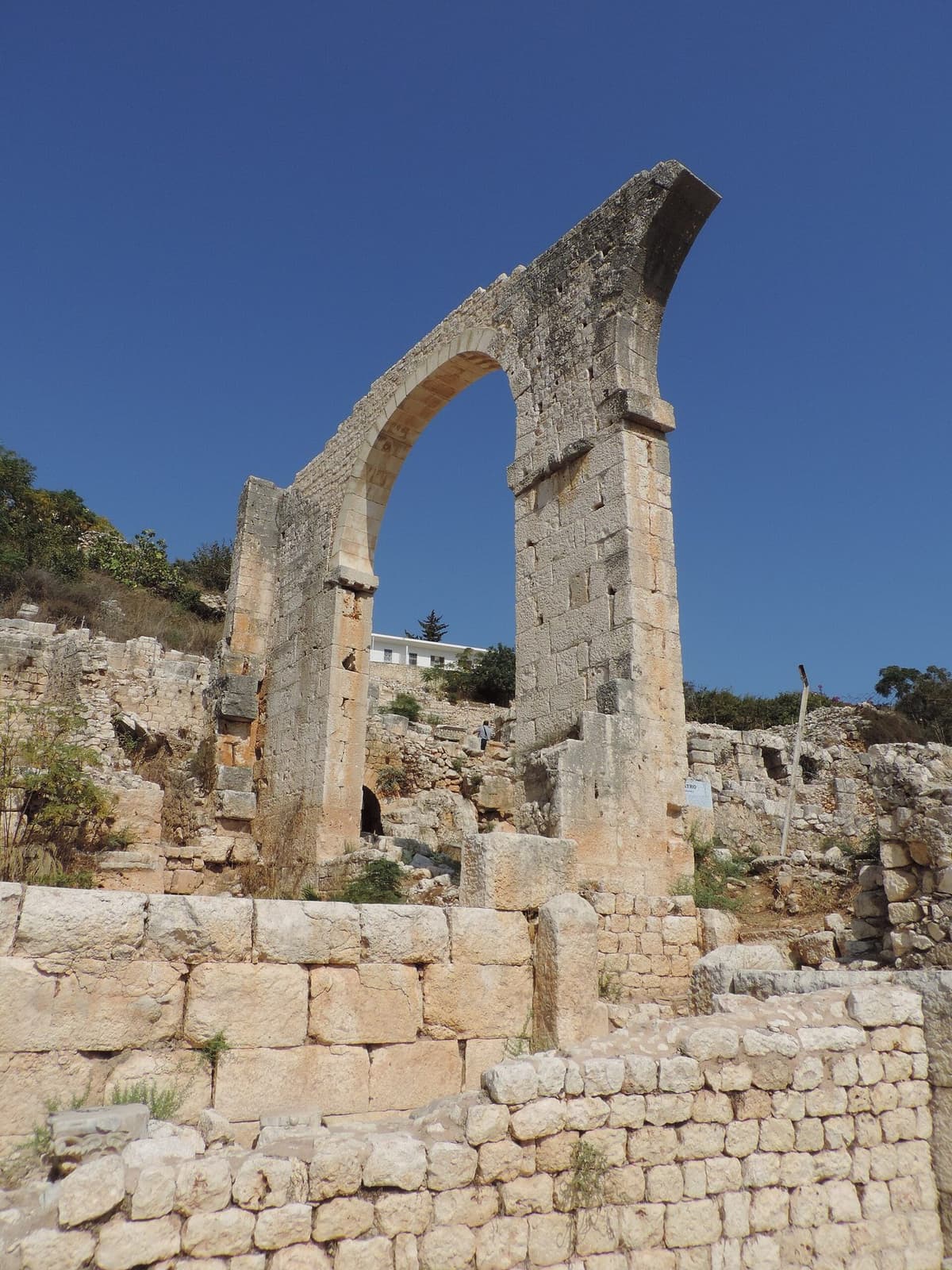 Aerial view of the ruins of Elaiussa Sebaste showing the Roman theater and stone foundations of buildings near the turquoise Mediterranean coast.