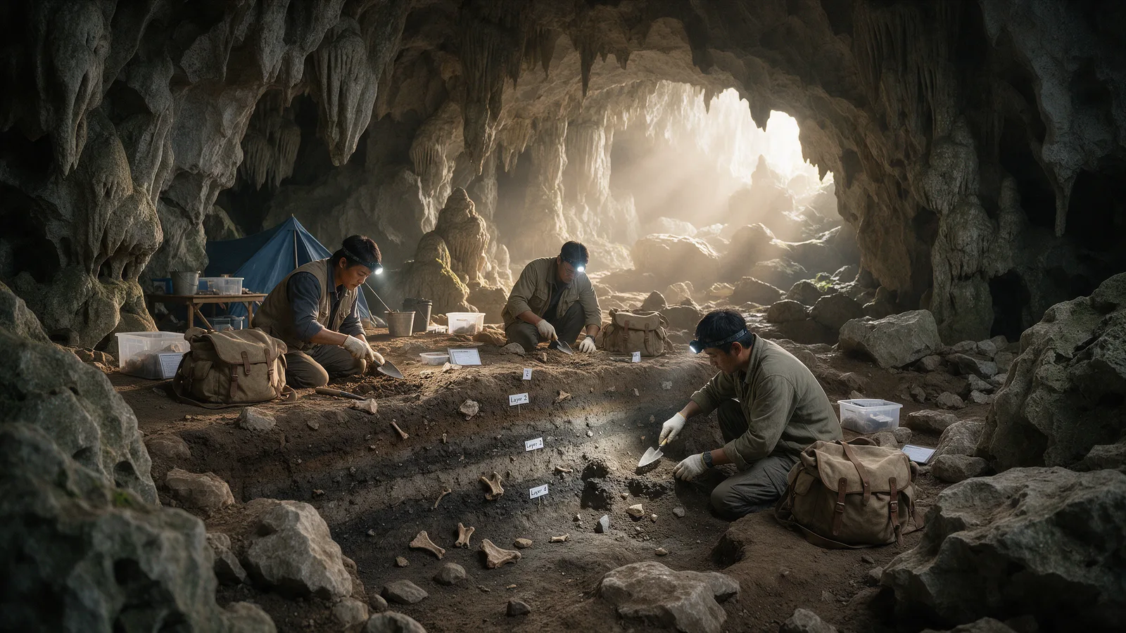 Archaeological excavation of Middle Paleolithic sediment layers in Bianfu Cave, Yunnan